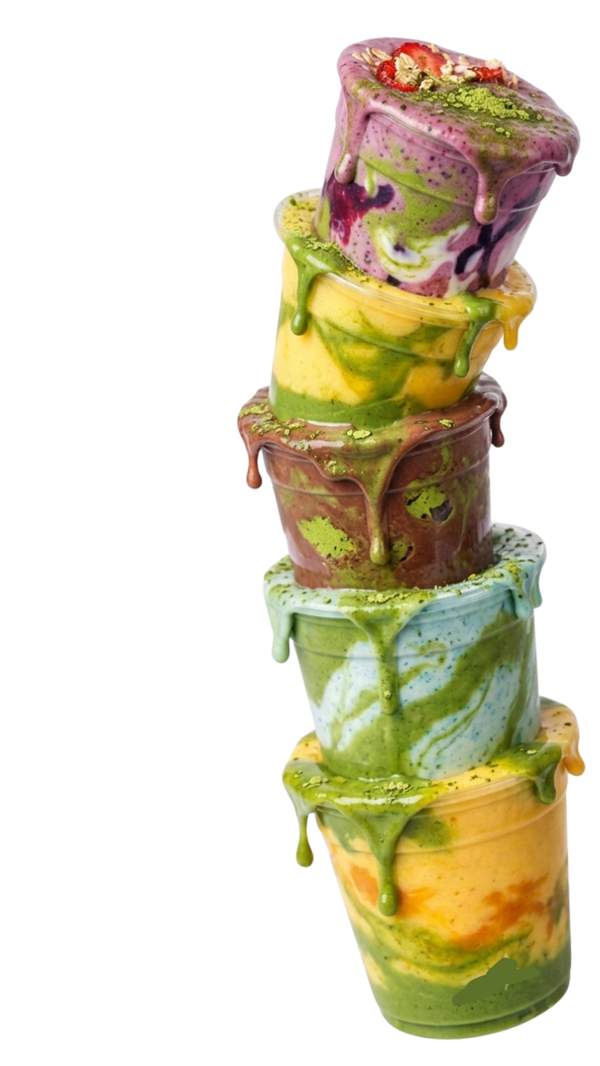 A stack of colorful matcha and smoothie drinks, representing our range of service offerings