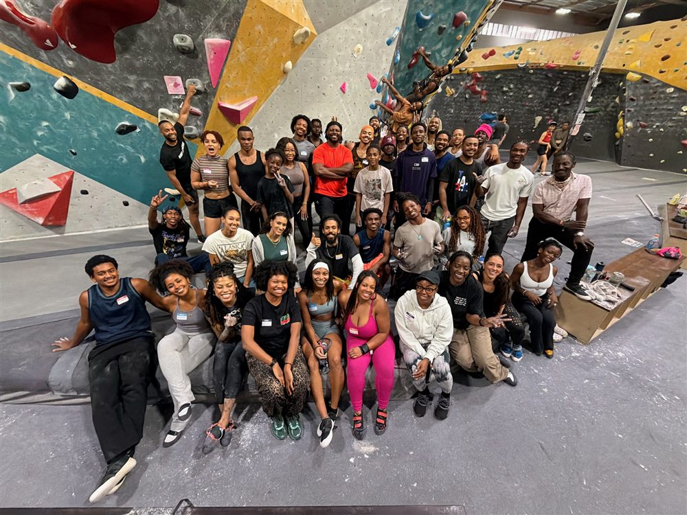 Black Rocks LA community group photo at the climbing gym