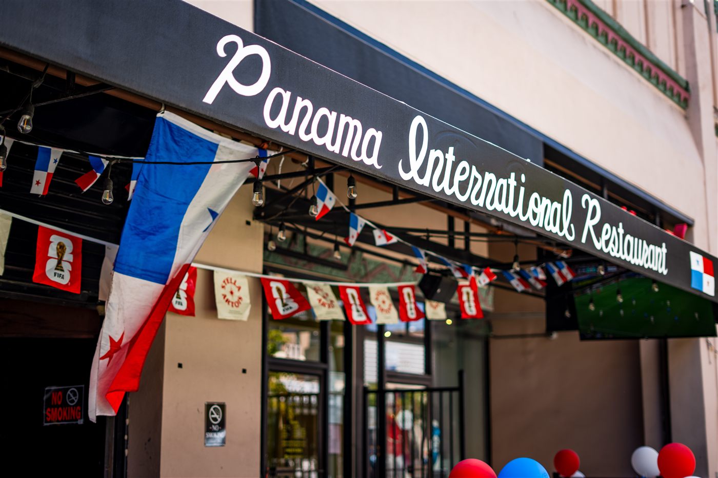 Panama International Restaurant storefront decorated for the World Cup