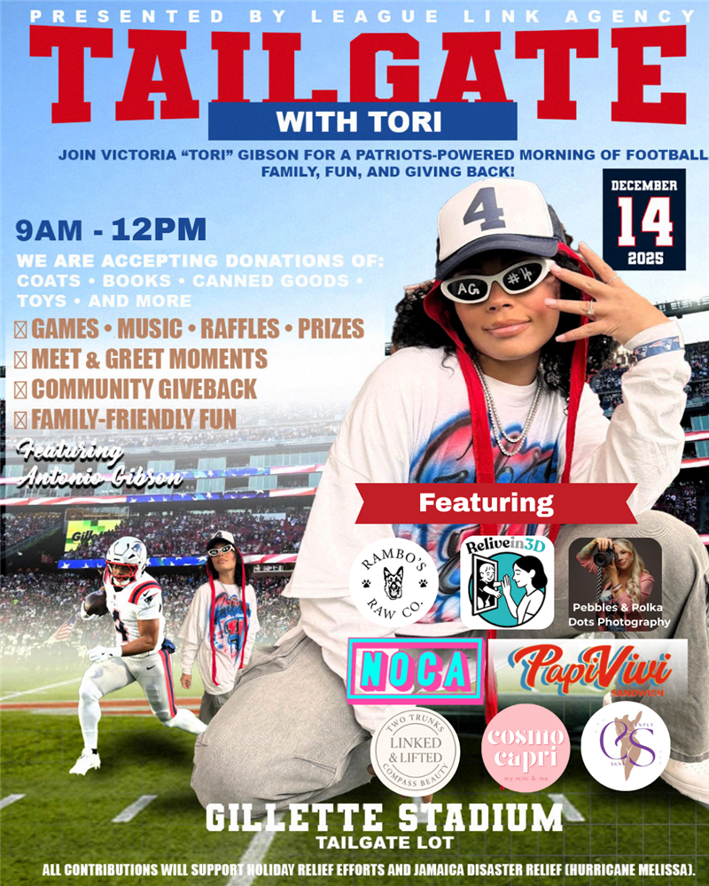 Tailgate with Tori flyer for Victoria Gibson's Patriots holiday drive