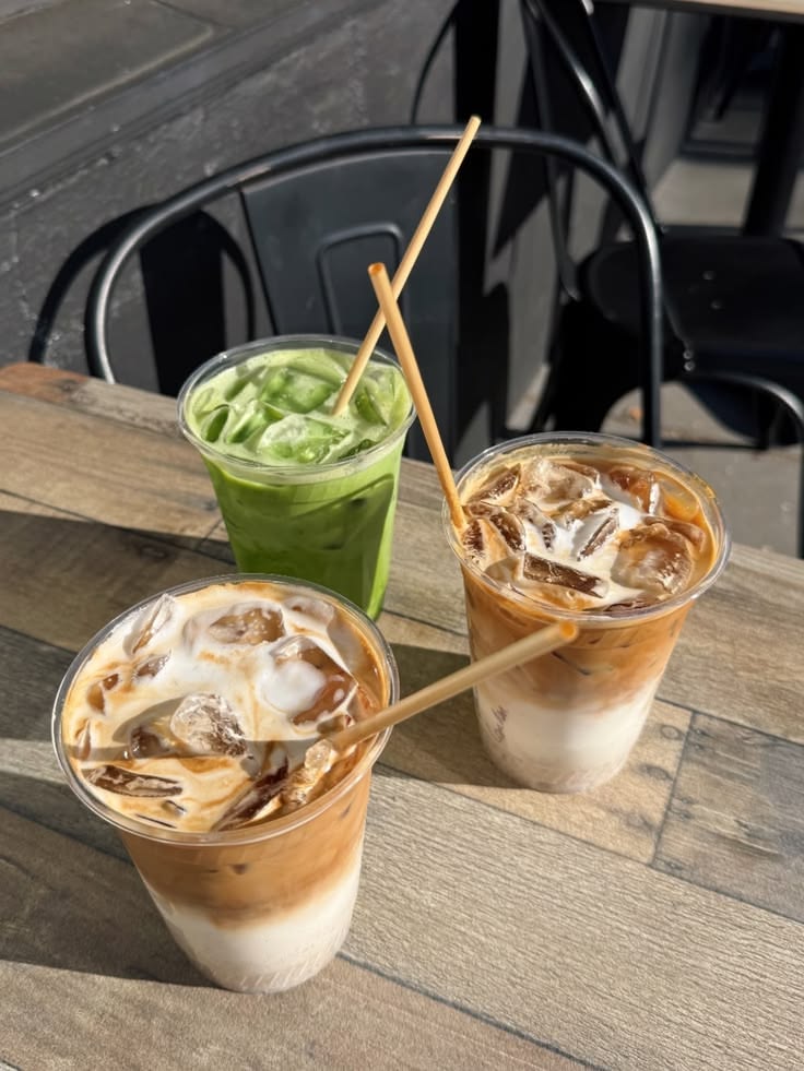 Iced matcha and lattes on a table
