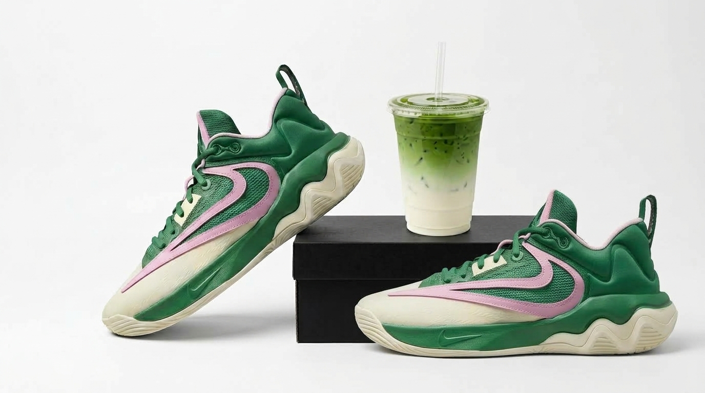 Green high-top sneakers paired with an iced matcha latte